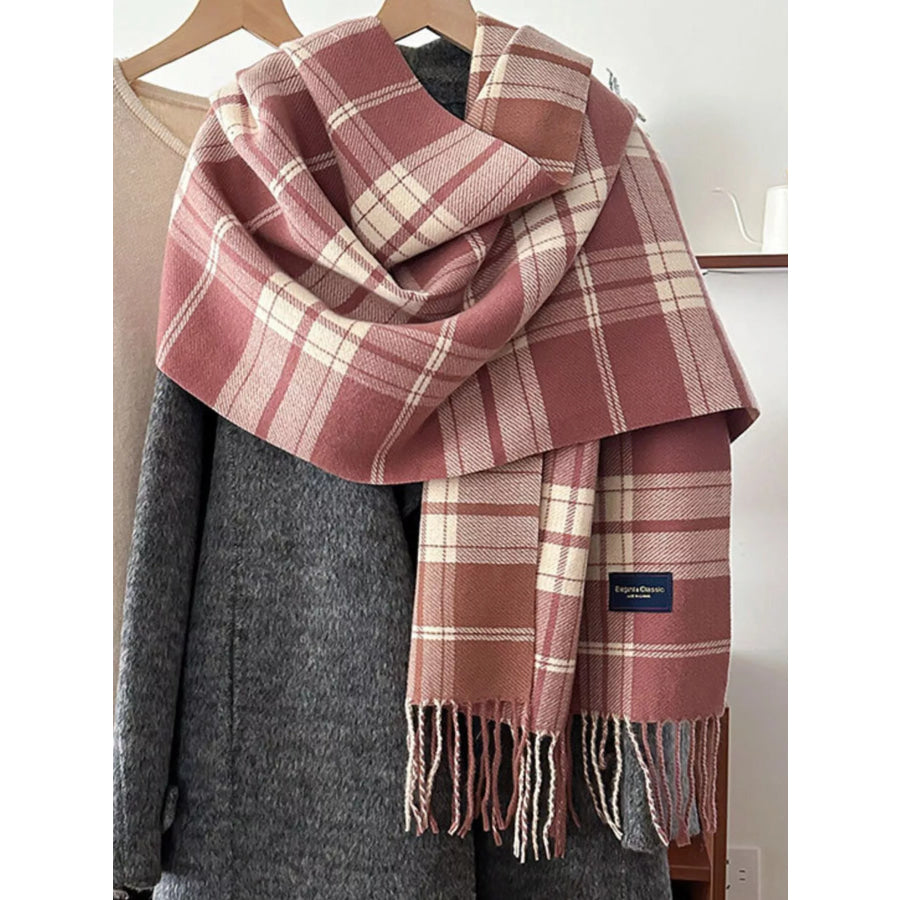 Classic Fringe Plaid Scarf Pink / One Size Apparel and Accessories