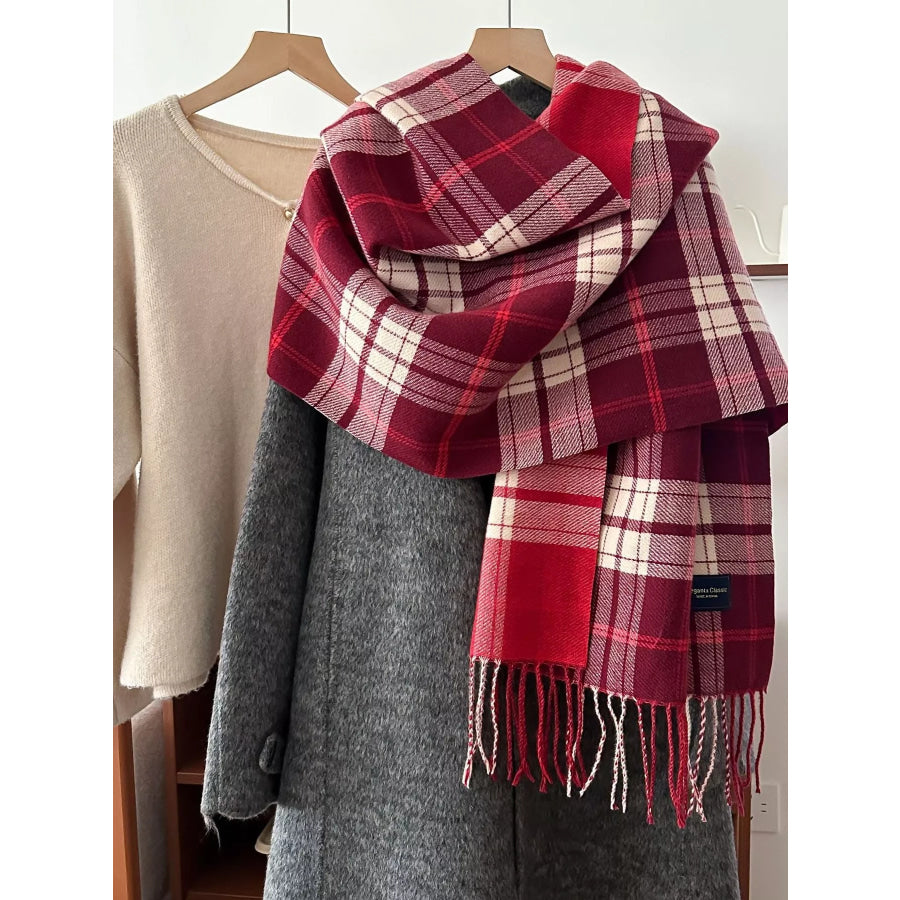 Classic Fringe Plaid Scarf Red / One Size Apparel and Accessories