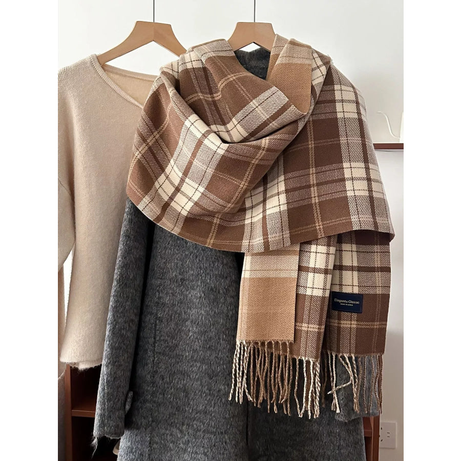 Classic Fringe Plaid Scarf Tan / One Size Apparel and Accessories