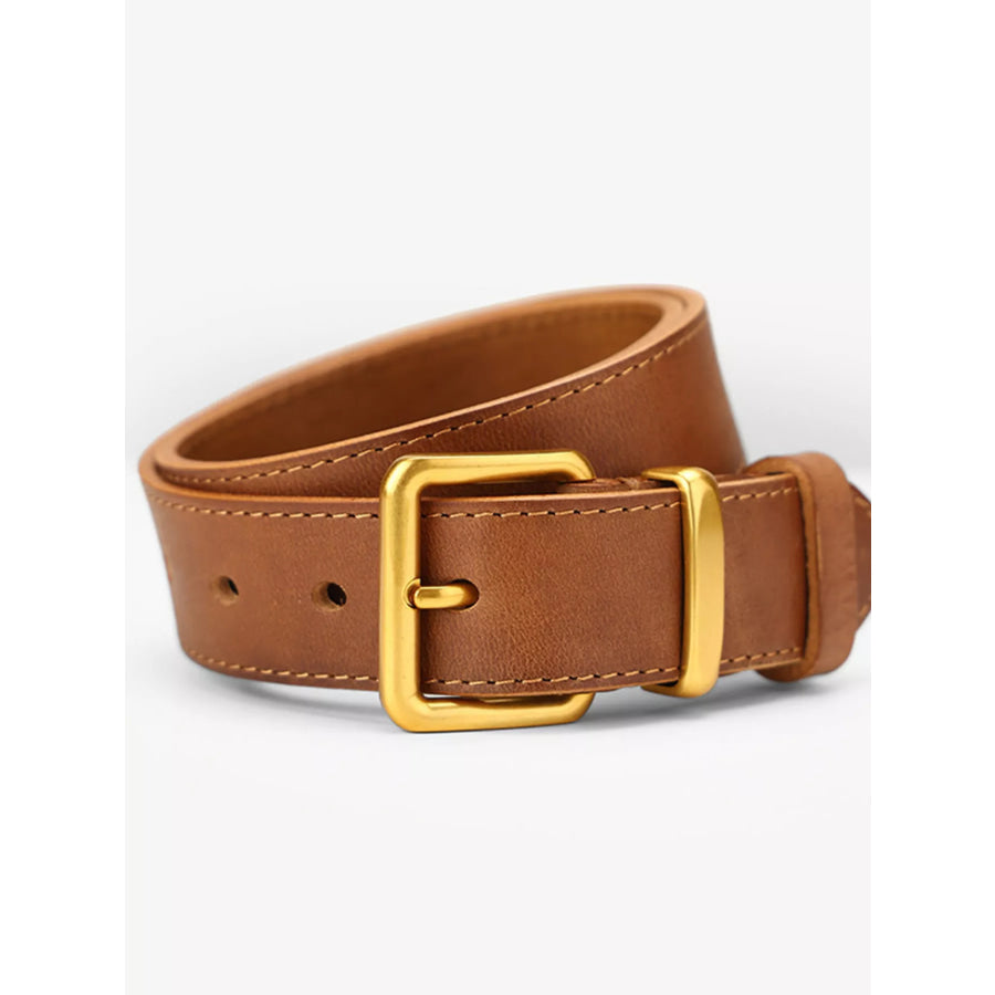 Classic Leather Belt with Golden Buckle Brown / One Size Apparel and Accessories