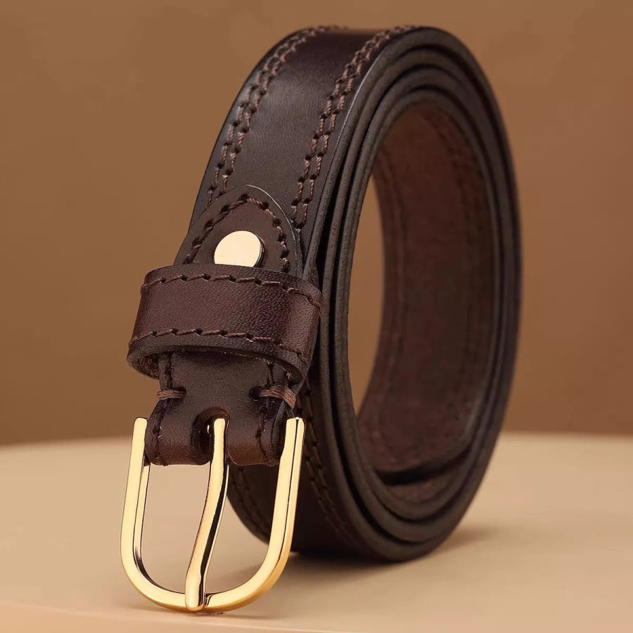 Classic Leather Belt with Golden Buckle Brown / One Size Apparel and Accessories