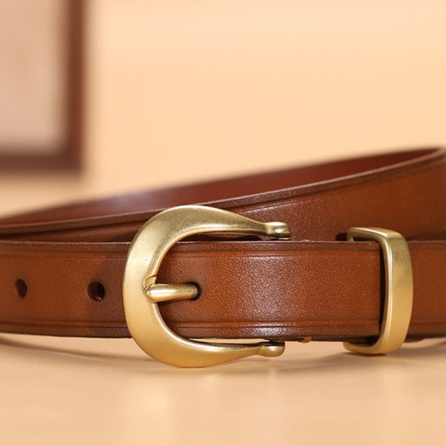 Classic Leather Belt with Golden Buckle Brown / One Size Apparel and Accessories