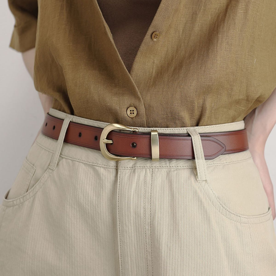 Classic Leather Belt with Golden Buckle Brown / One Size Apparel and Accessories