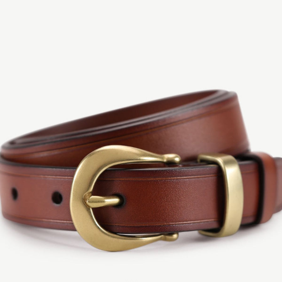 Classic Leather Belt with Golden Buckle Brown / One Size Apparel and Accessories