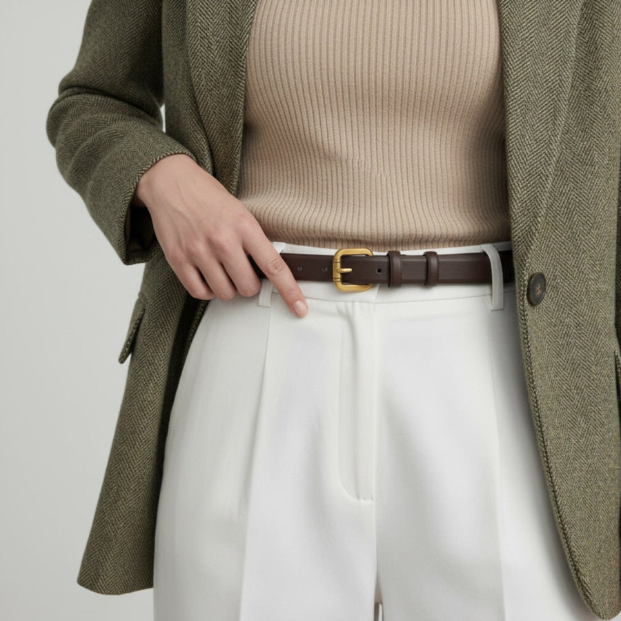 Classic Leather Belt with Golden Buckle Coffee Brown / One Size Apparel and Accessories