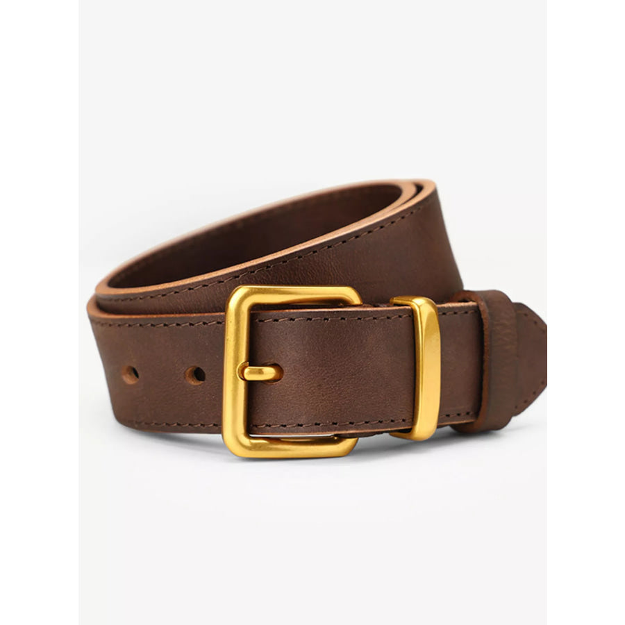 Classic Leather Belt with Golden Buckle Olive Brown / One Size Apparel and Accessories