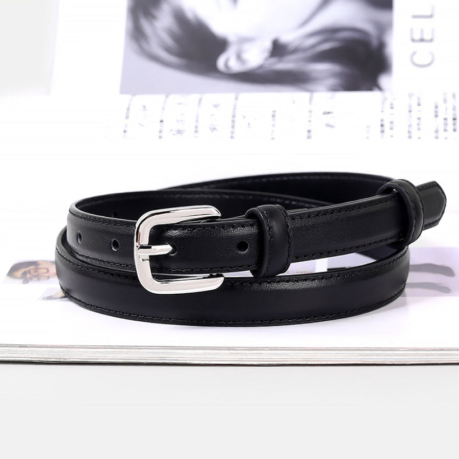 Classic Leather Skinny Belt with Silver Buckle Black / One Size Apparel and Accessories