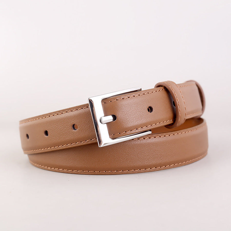 Classic Leather Skinny Belt with Silver Buckle Brown / One Size Apparel and Accessories