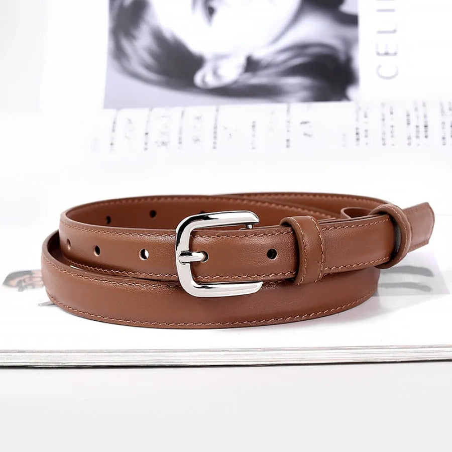 Classic Leather Skinny Belt with Silver Buckle Brown / One Size Apparel and Accessories