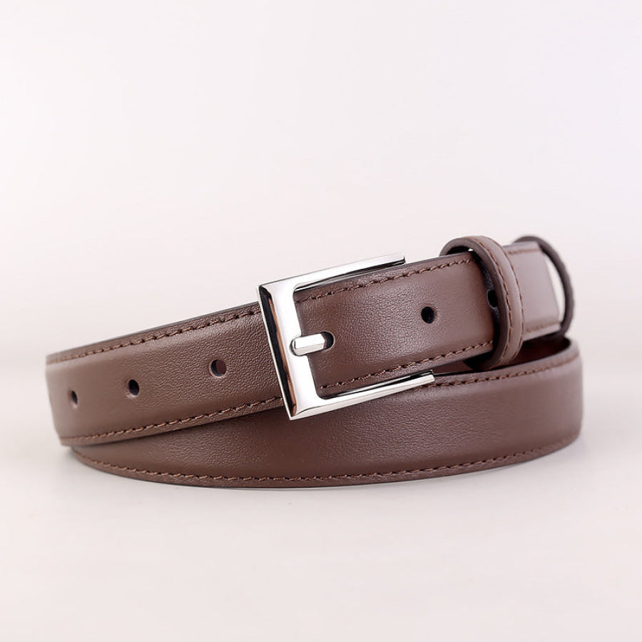 Classic Leather Skinny Belt with Silver Buckle Coffee Brown / One Size Apparel and Accessories