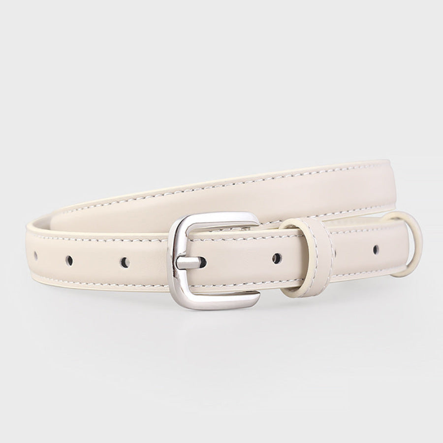 Classic Leather Skinny Belt with Silver Buckle Ivory / One Size Apparel and Accessories