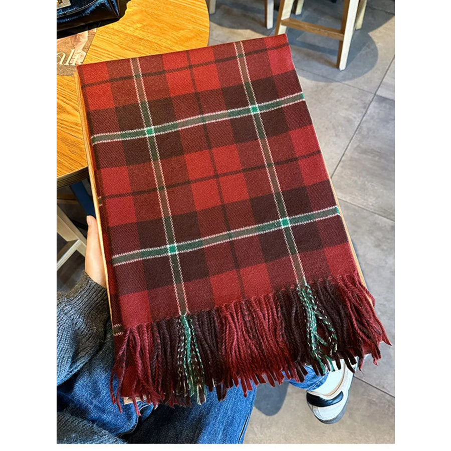 Classic Plaid Fringe Scarf Red / One Size Apparel and Accessories
