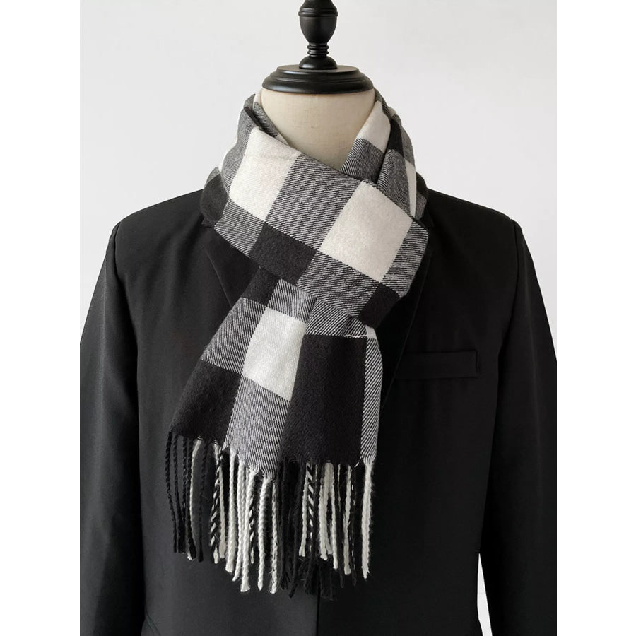 Classic Plaid Fringe Scarf Black / One Size Apparel and Accessories