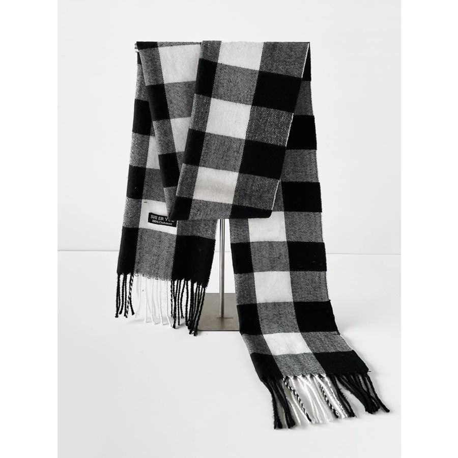 Classic Plaid Fringe Scarf Black / One Size Apparel and Accessories