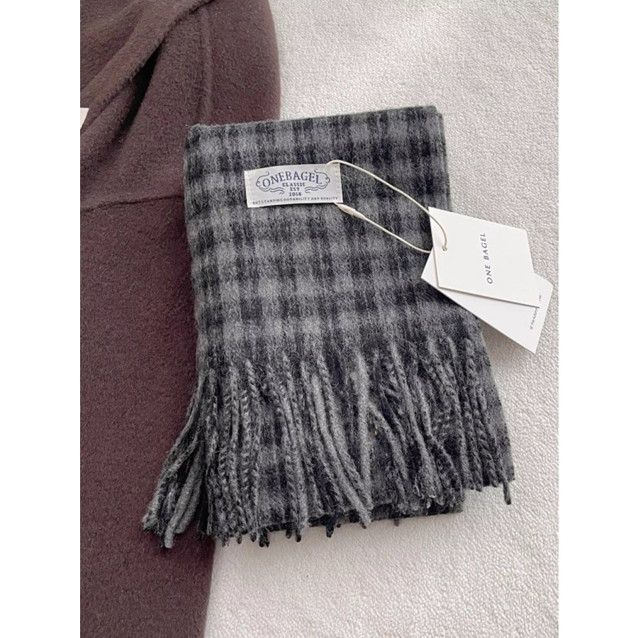 Classic Plaid Fringe Scarf Black / One Size Apparel and Accessories