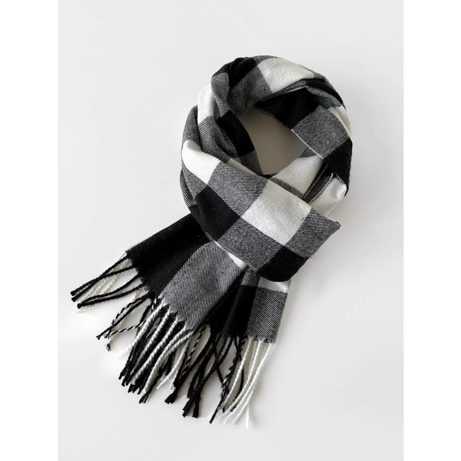 Classic Plaid Fringe Scarf Black / One Size Apparel and Accessories