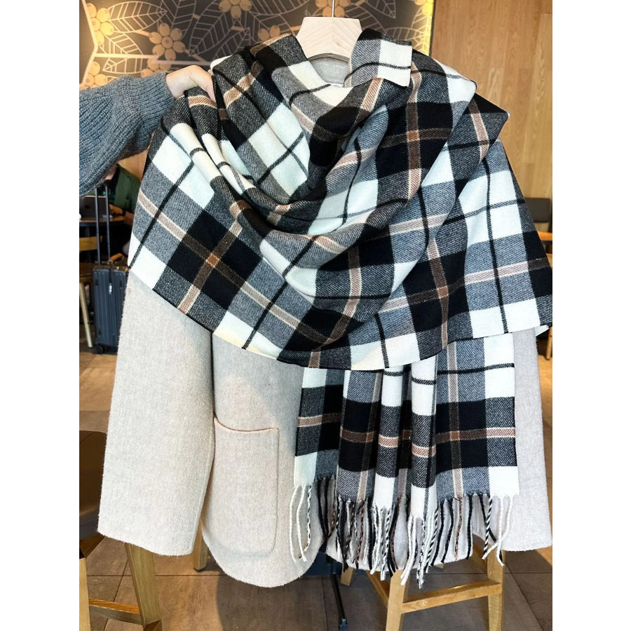 Classic Plaid Fringe Scarf Black / One Size Apparel and Accessories
