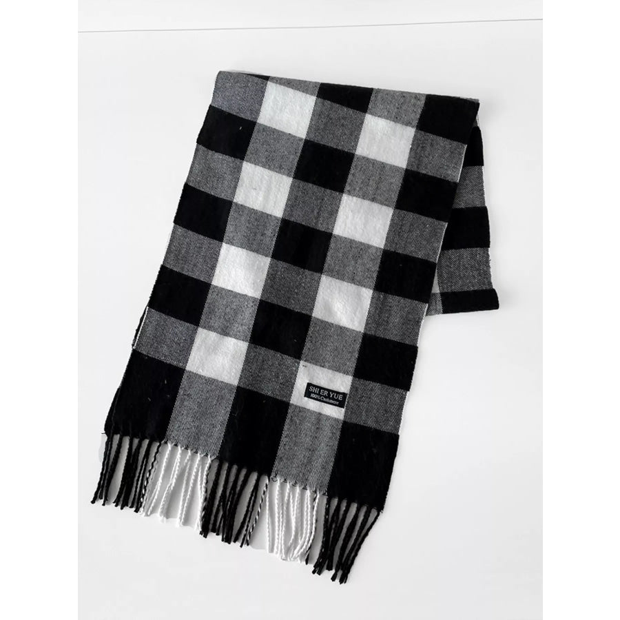 Classic Plaid Fringe Scarf Black / One Size Apparel and Accessories