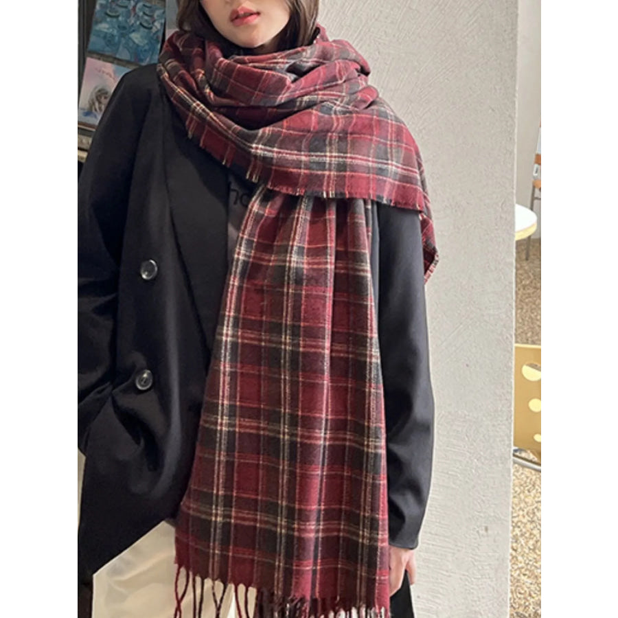 Classic Plaid Fringe Scarf Burgundy / One Size Apparel and Accessories