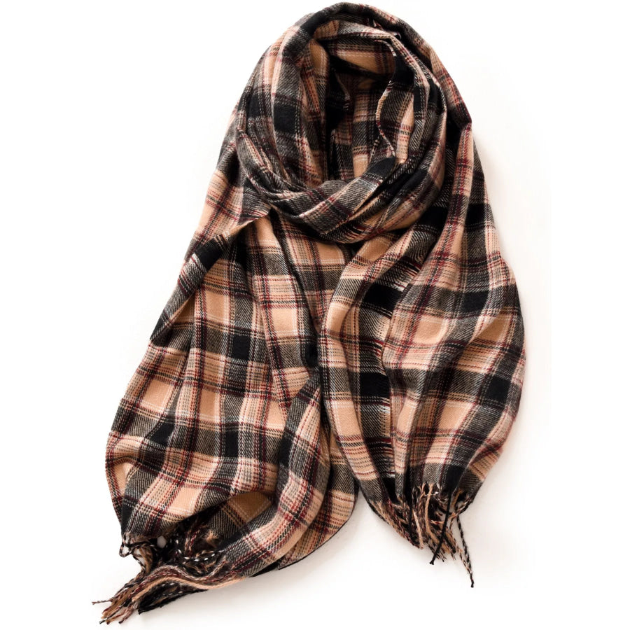 Classic Plaid Fringe Scarf Camel / One Size Apparel and Accessories