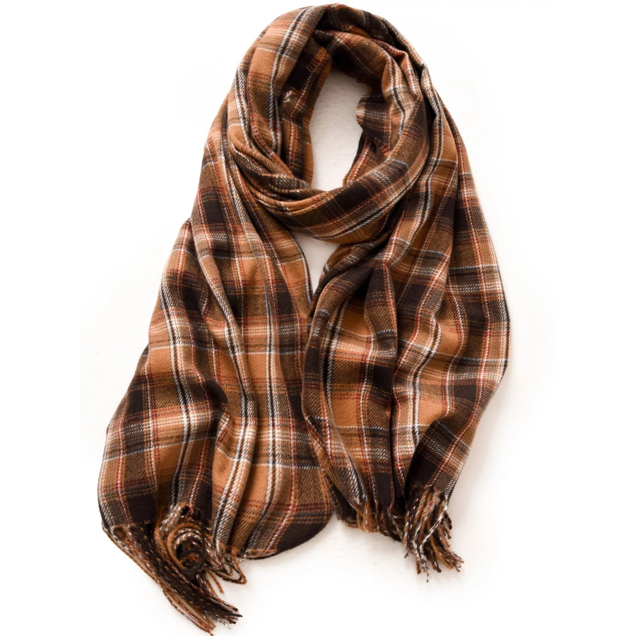 Classic Plaid Fringe Scarf Caramel / One Size Apparel and Accessories