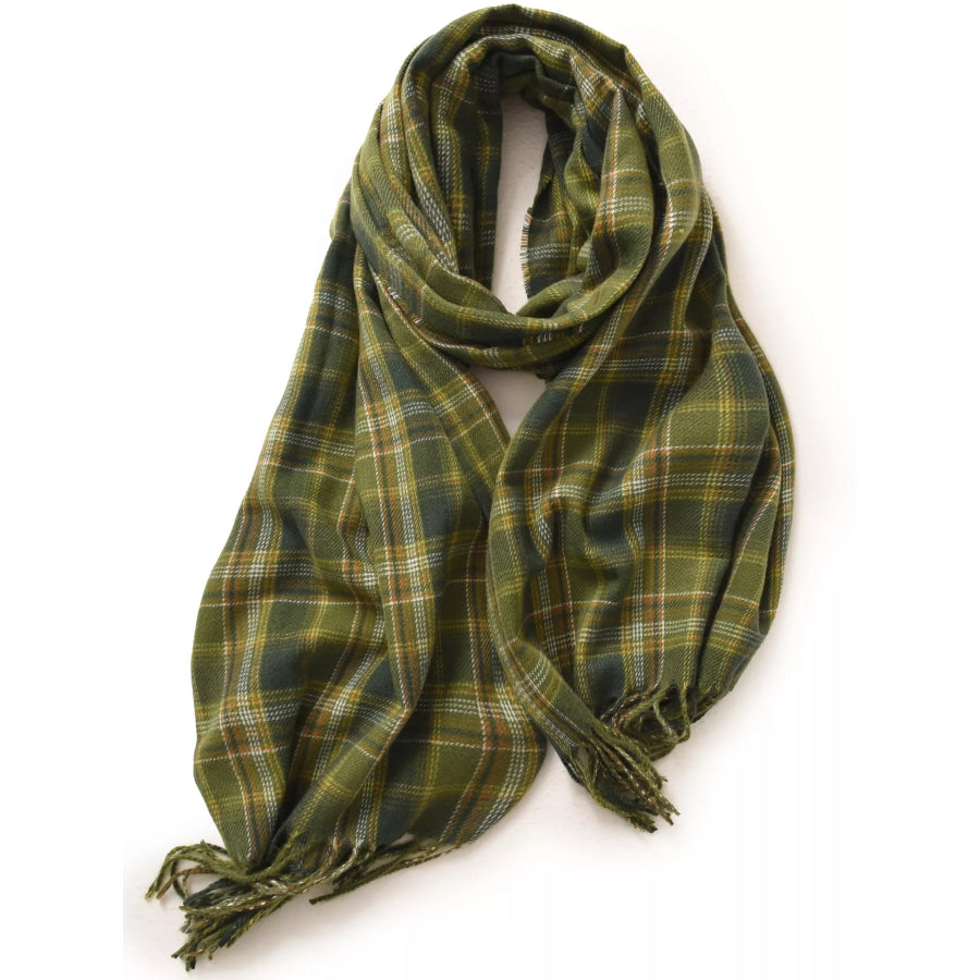 Classic Plaid Fringe Scarf Dark Green / One Size Apparel and Accessories