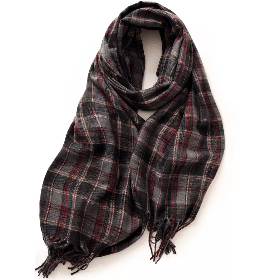 Classic Plaid Fringe Scarf Dark Navy / One Size Apparel and Accessories
