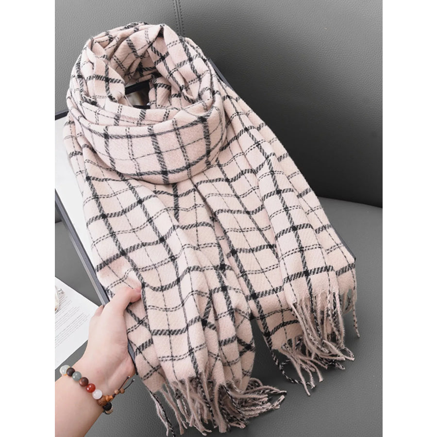 Classic Plaid Fringe Scarf Light Pink / One Size Apparel and Accessories