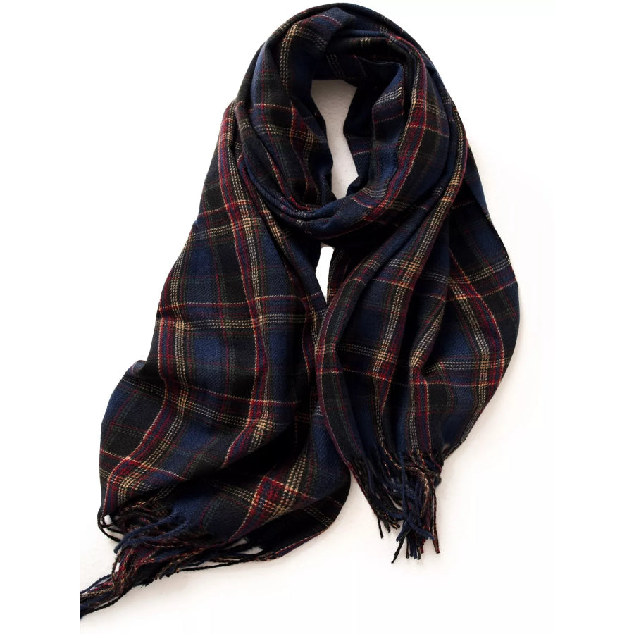 Classic Plaid Fringe Scarf Navy / One Size Apparel and Accessories