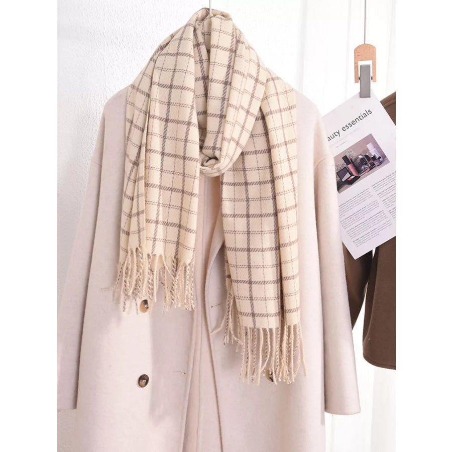 Classic Plaid Fringe Scarf Off-white / One Size Apparel and Accessories