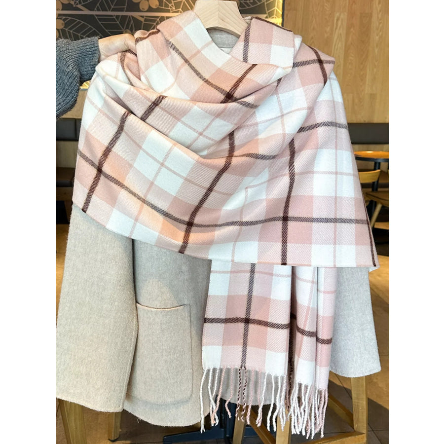 Classic Plaid Fringe Scarf Pink / One Size Apparel and Accessories
