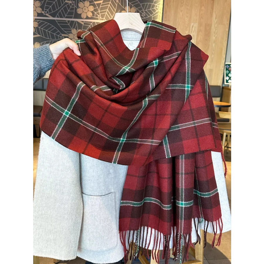 Classic Plaid Fringe Scarf Red / One Size Apparel and Accessories