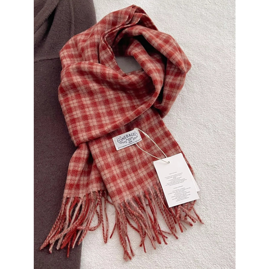 Classic Plaid Fringe Scarf Red / One Size Apparel and Accessories