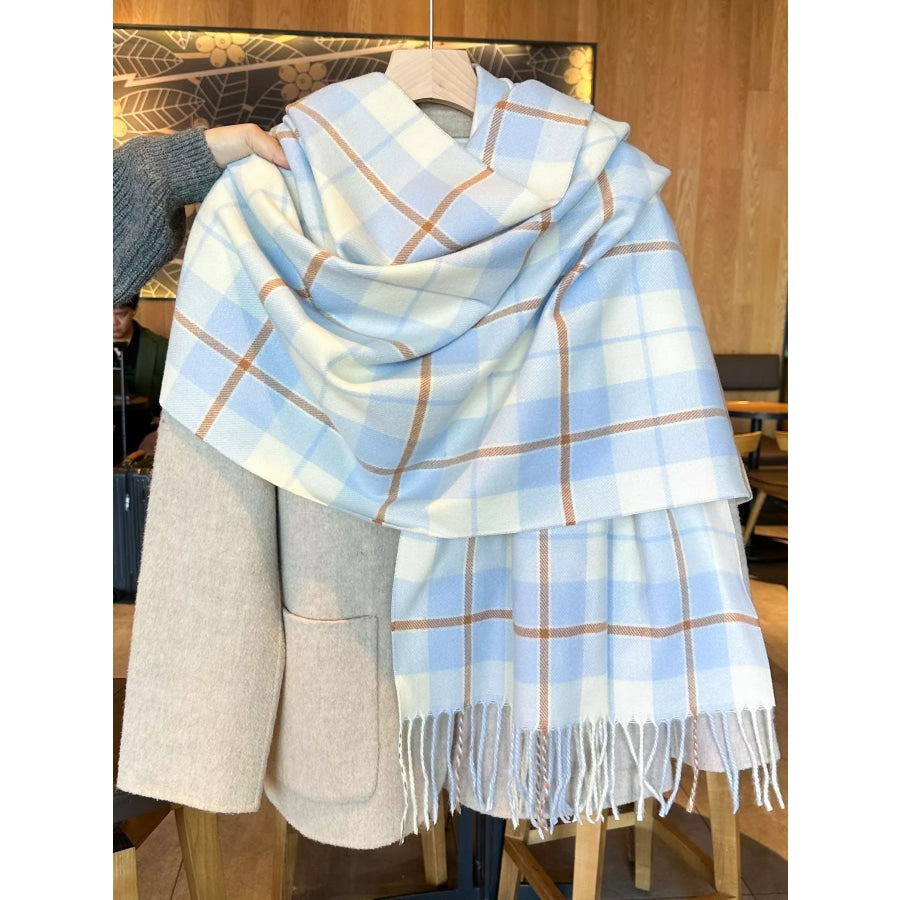 Classic Plaid Fringe Scarf Sky Blue / One Size Apparel and Accessories