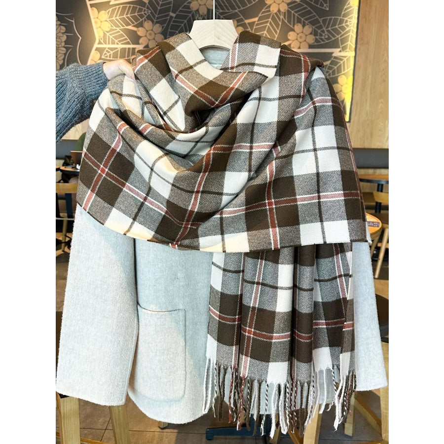 Classic Plaid Fringe Scarf Taupe / One Size Apparel and Accessories
