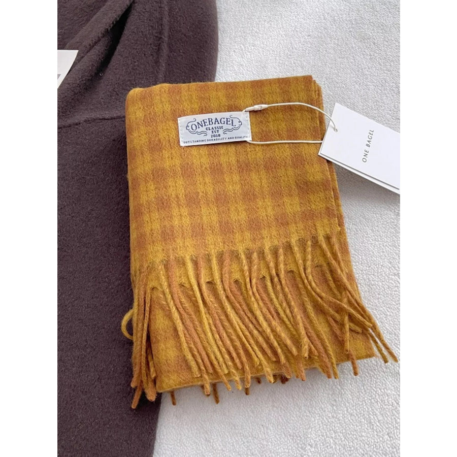 Classic Plaid Fringe Scarf Yellow / One Size Apparel and Accessories