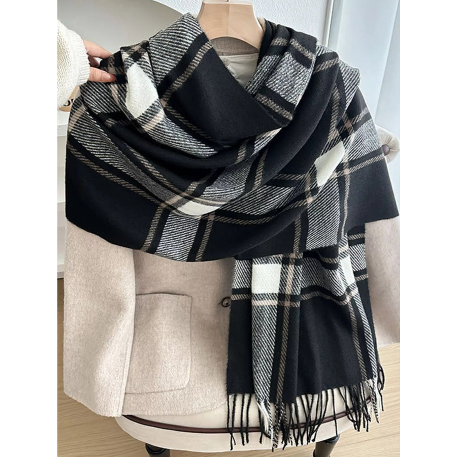 Classic Plaid Pattern Tassel Winter Scarf Black / One Size Apparel and Accessories