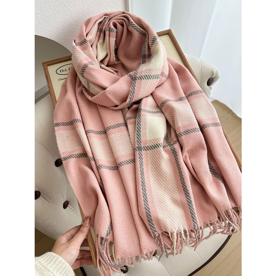 Classic Plaid Pattern Tassel Winter Scarf Pink / One Size Apparel and Accessories