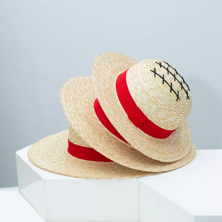 Classic Straw Sun Hat with Ribbon Red / One Size Apparel and Accessories