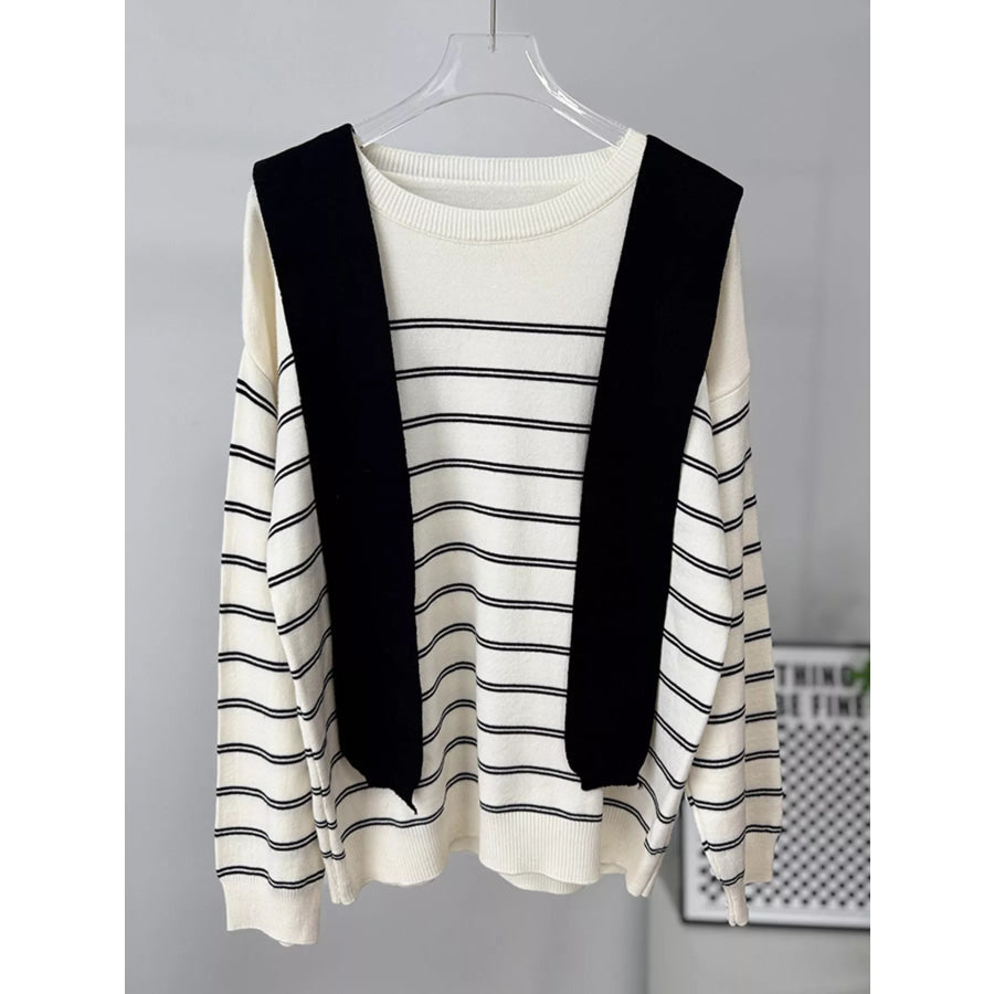 Classic Striped Crewneck Knit Top with Layered Sweater Detail Apparel and Accessories
