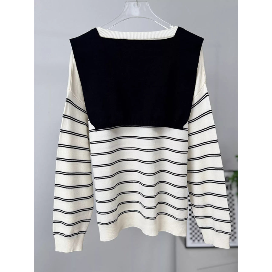 Classic Striped Crewneck Knit Top with Layered Sweater Detail Apparel and Accessories