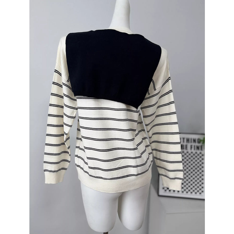 Classic Striped Crewneck Knit Top with Layered Sweater Detail Apparel and Accessories