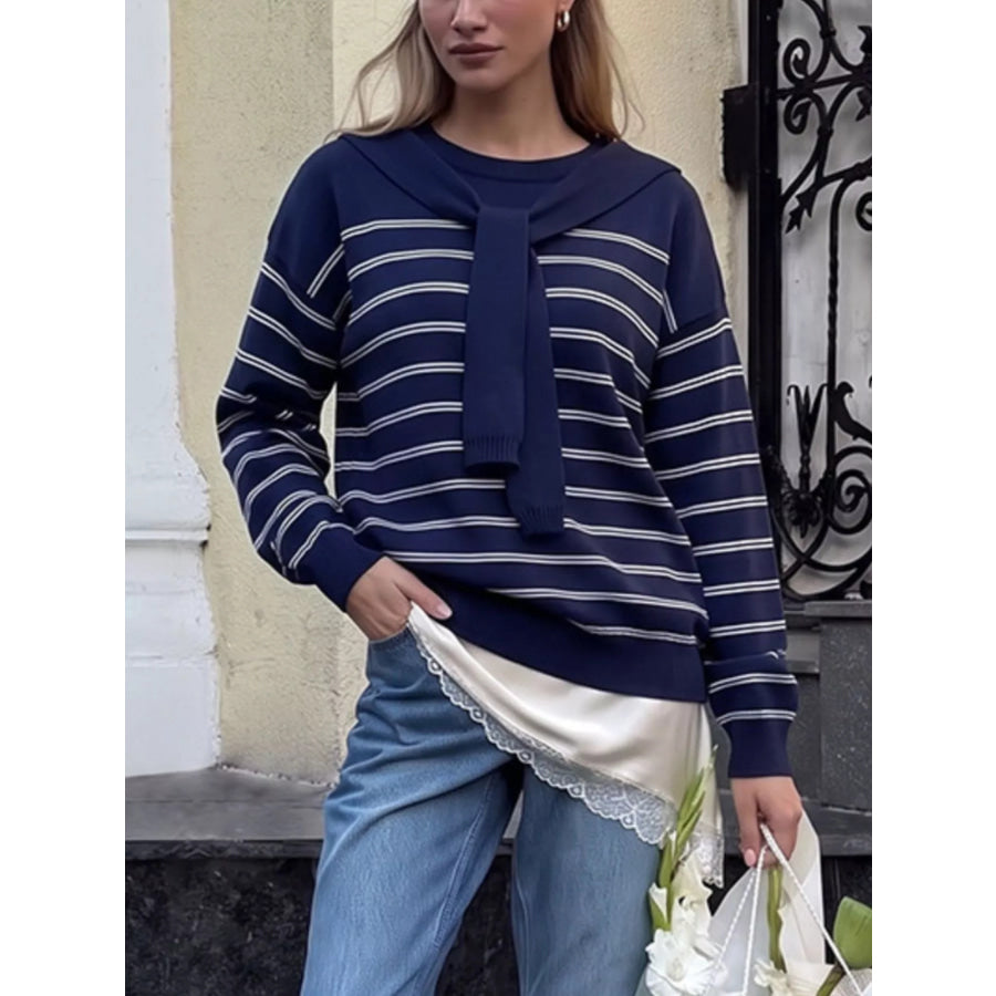 Classic Striped Crewneck Knit Top with Layered Sweater Detail Apparel and Accessories