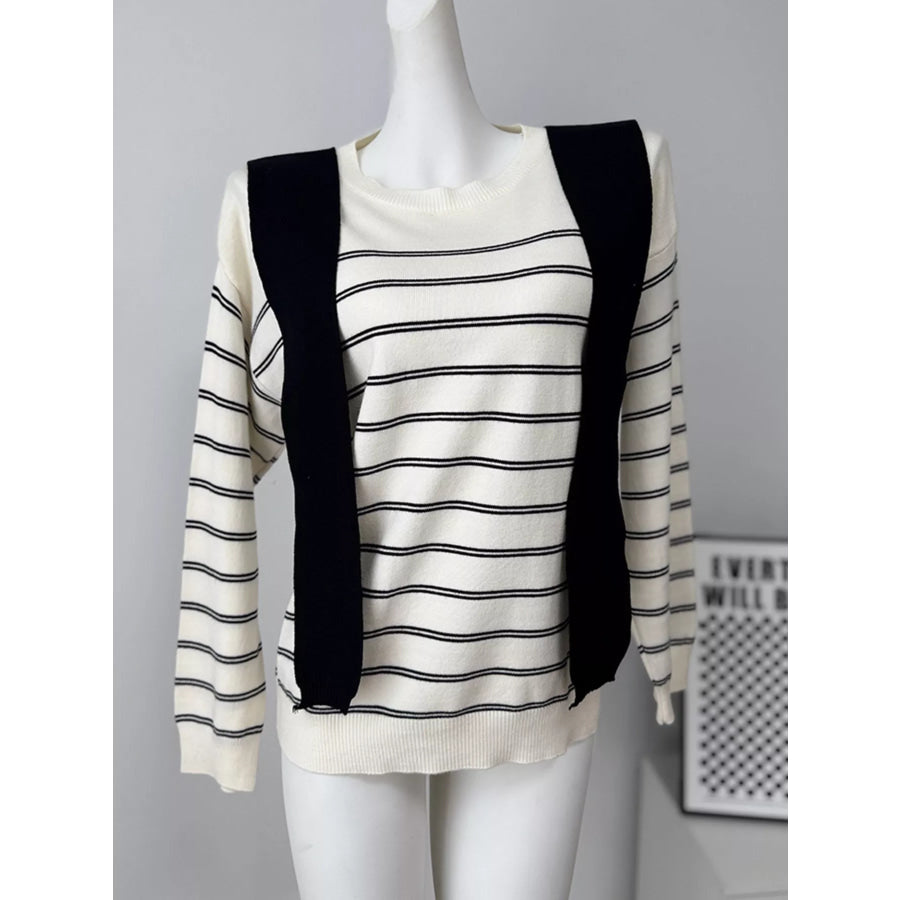 Classic Striped Crewneck Knit Top with Layered Sweater Detail Apparel and Accessories