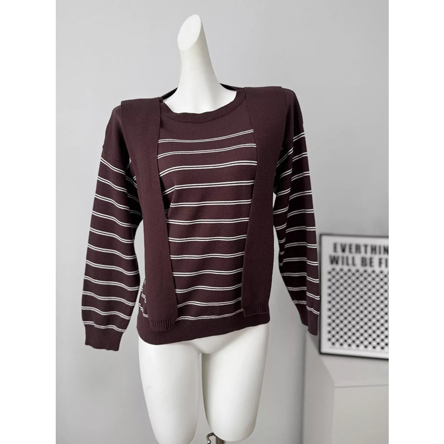 Classic Striped Crewneck Knit Top with Layered Sweater Detail Apparel and Accessories