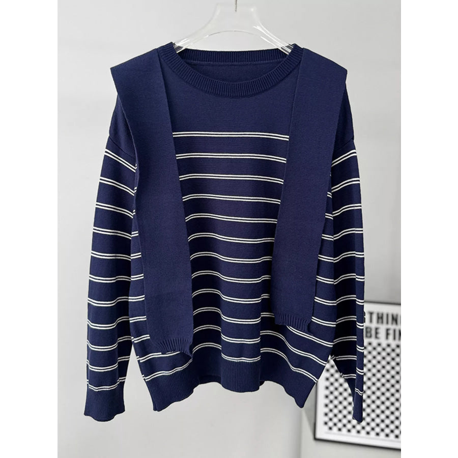 Classic Striped Crewneck Knit Top with Layered Sweater Detail Apparel and Accessories