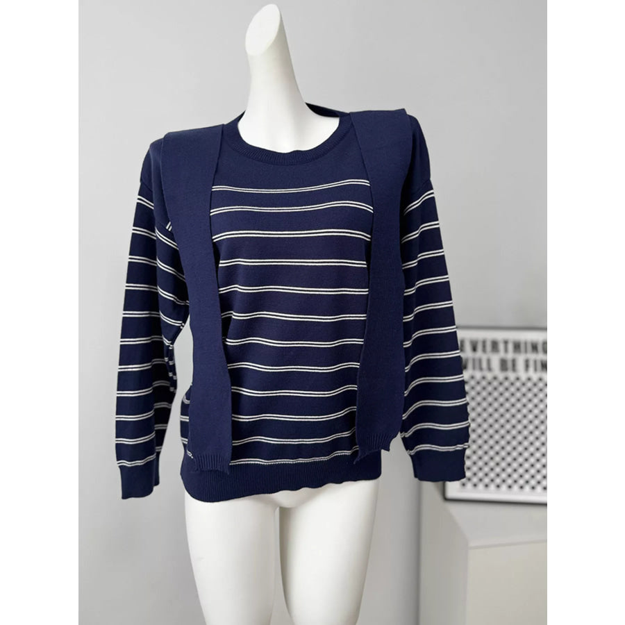 Classic Striped Crewneck Knit Top with Layered Sweater Detail Apparel and Accessories
