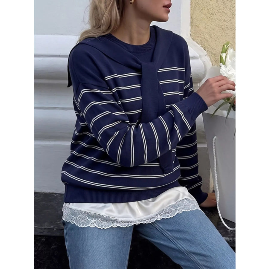 Classic Striped Crewneck Knit Top with Layered Sweater Detail Blue / One Size Apparel and Accessories