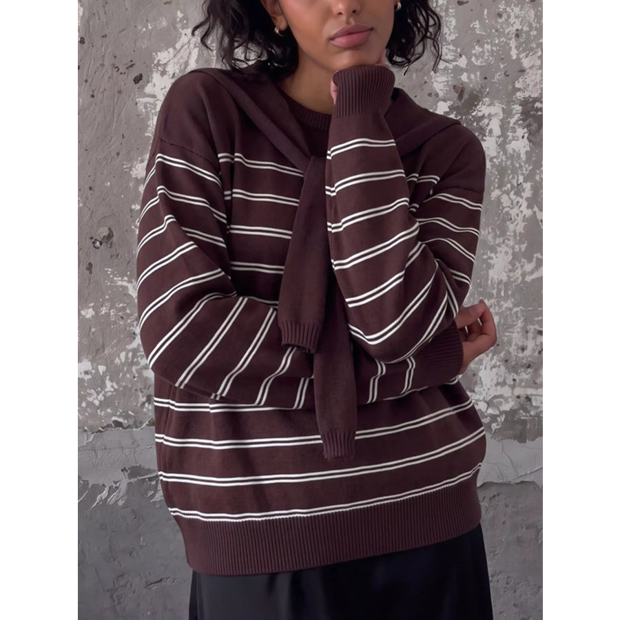 Classic Striped Crewneck Knit Top with Layered Sweater Detail Dark Brown / One Size Apparel and Accessories