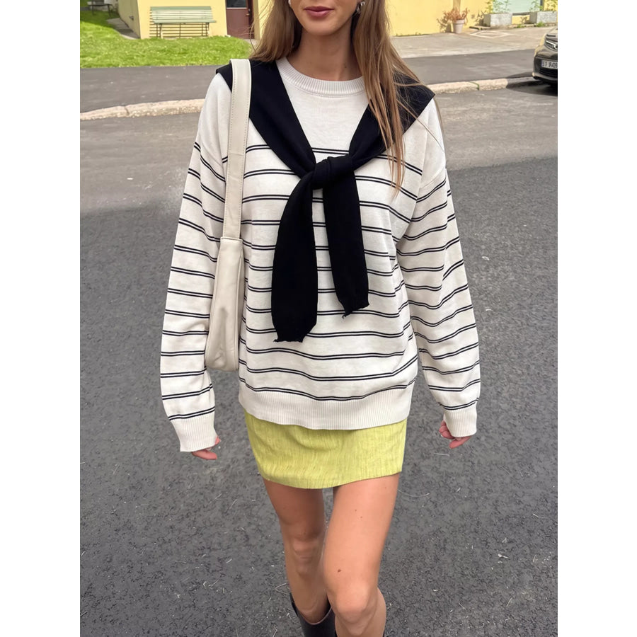 Classic Striped Crewneck Knit Top with Layered Sweater Detail White / One Size Apparel and Accessories